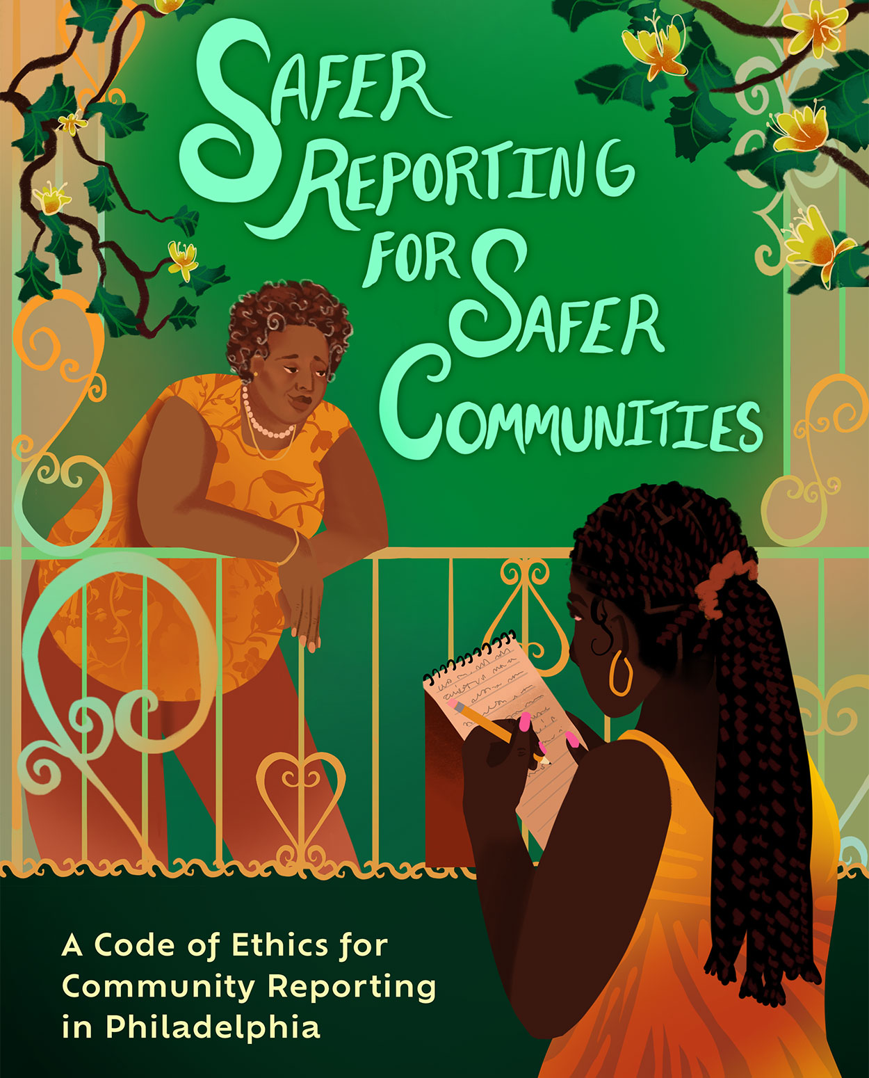 Safer Reporting for Safer Communities Cover with illustration of elder woman on porch talking with community member.